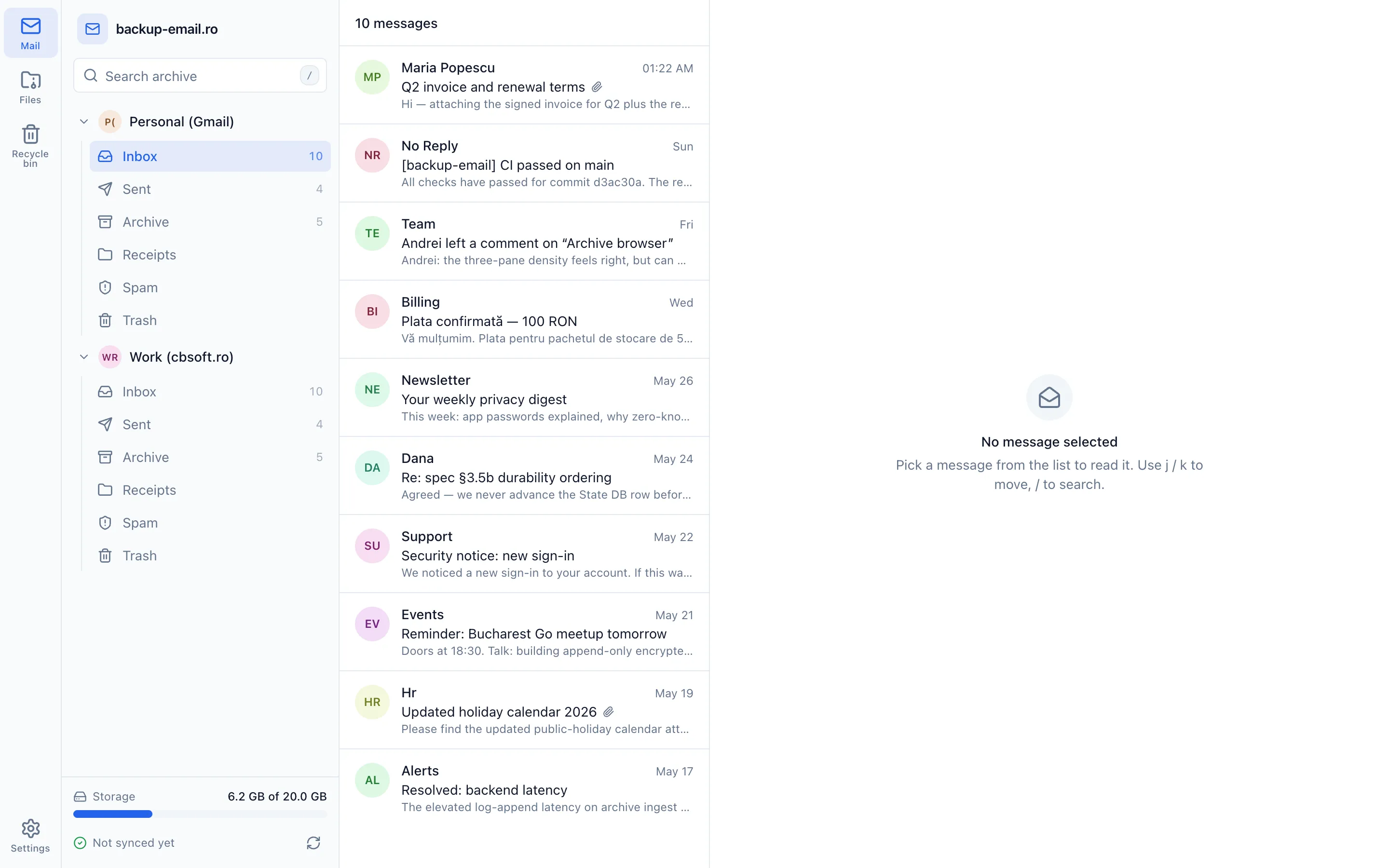 The backup-email.ro desktop app showing a backed-up inbox with two connected accounts and a storage meter.